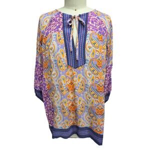 Tolani 100% Silk Paisley Boho Tunic Blouse Tie Neck L
